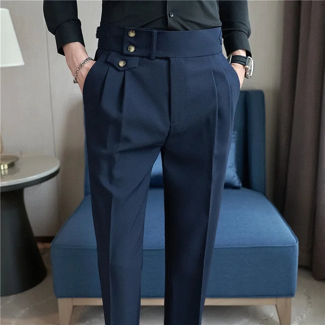 Men's Polyviscose Satin-finish Blue Navy Tailored Trousers | Relvorn