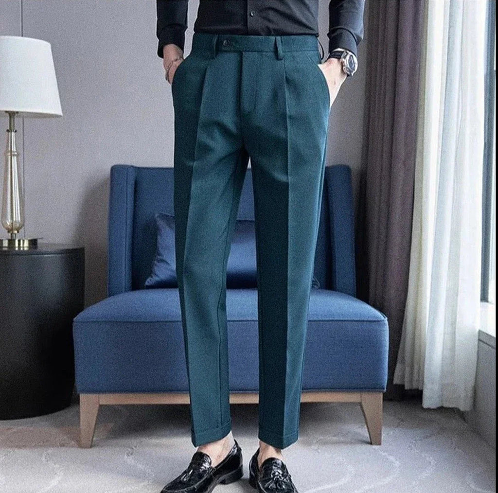 Men's Polyviscose Satin-finish Green Moss Tailored Trousers | Relvorn