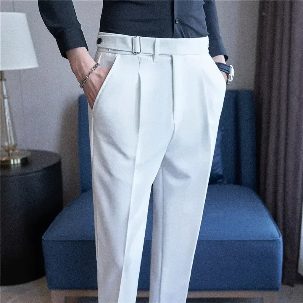 Men's Polyviscose Satin-finish White Tailored Trousers | Relvorn