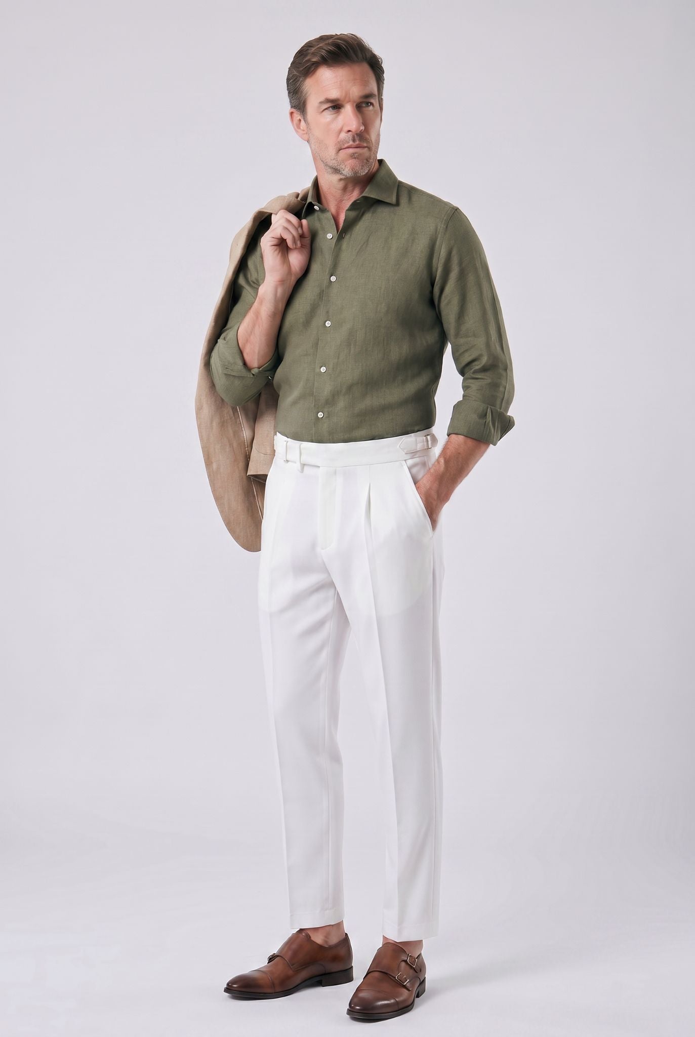 Men's Polyviscose Satin-finish White Tailored Trousers | Relvorn
