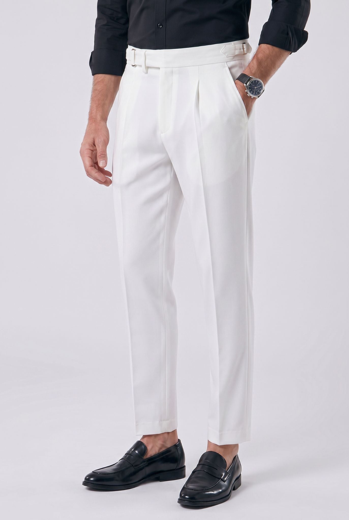 Men's Polyviscose Satin-finish White Tailored Trousers | Relvorn