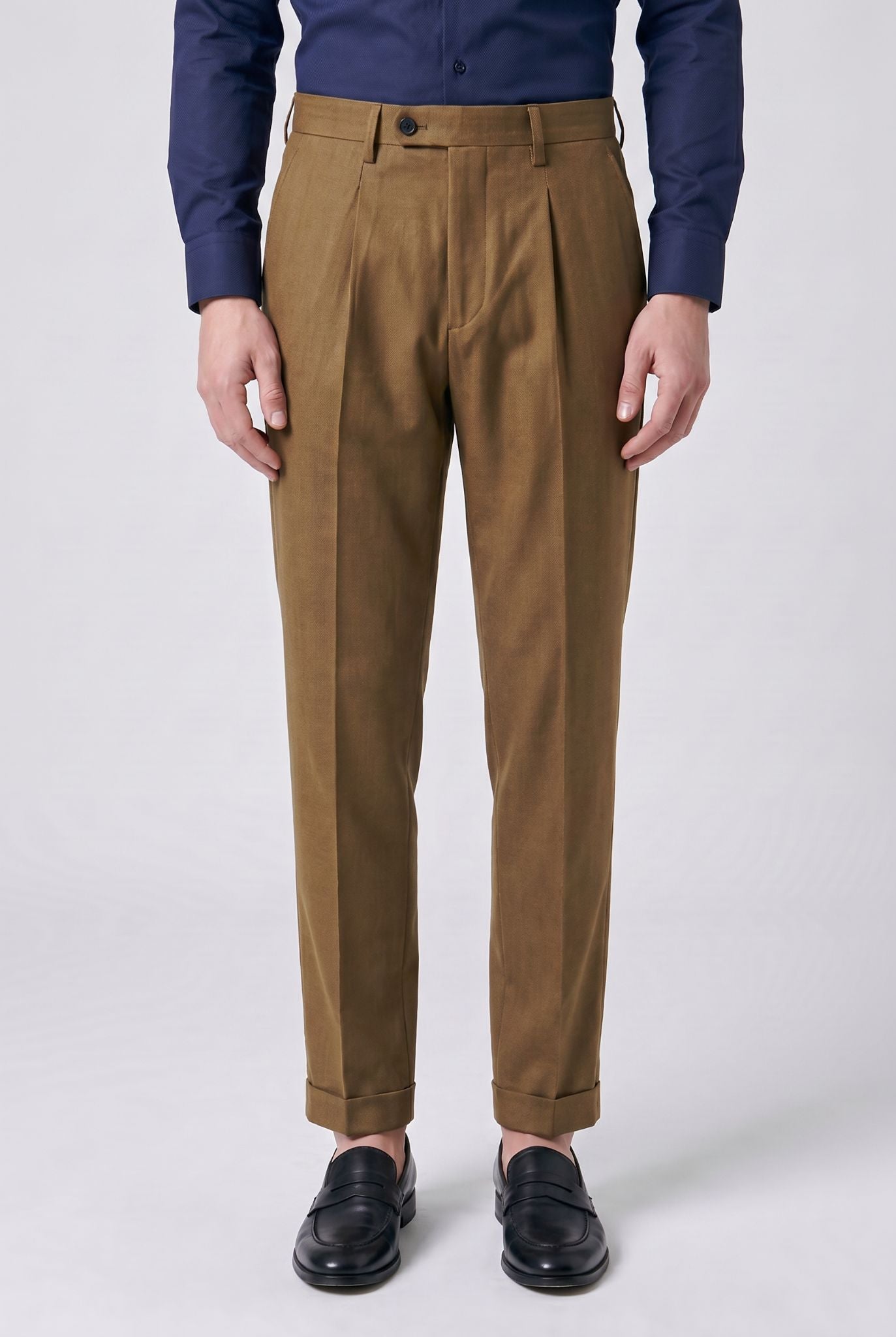 Men's Polyviscose Satin-finish Khaki Tailored Trousers | Relvorn