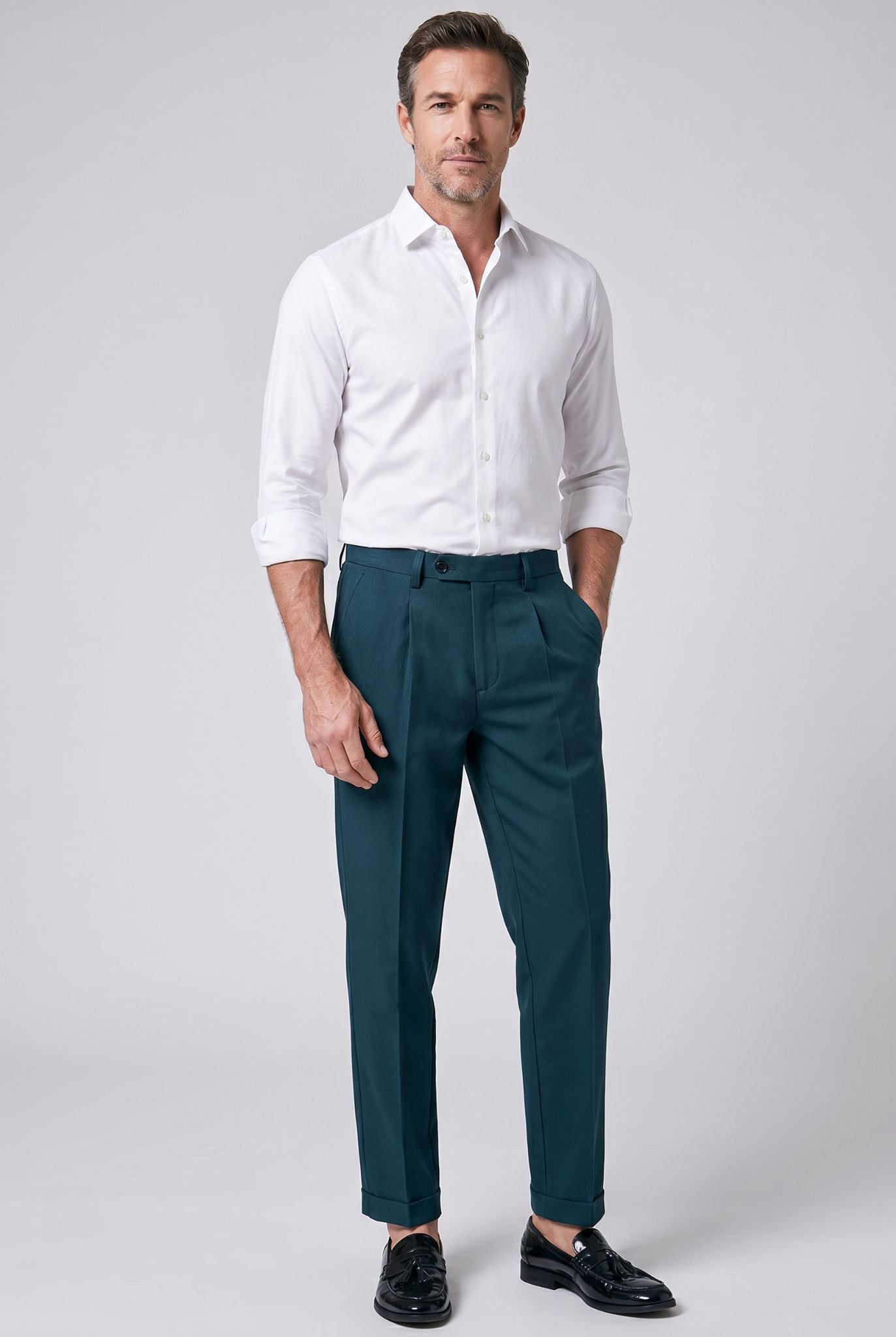 Men's Polyviscose Satin-finish Green Moss Tailored Trousers | Relvorn