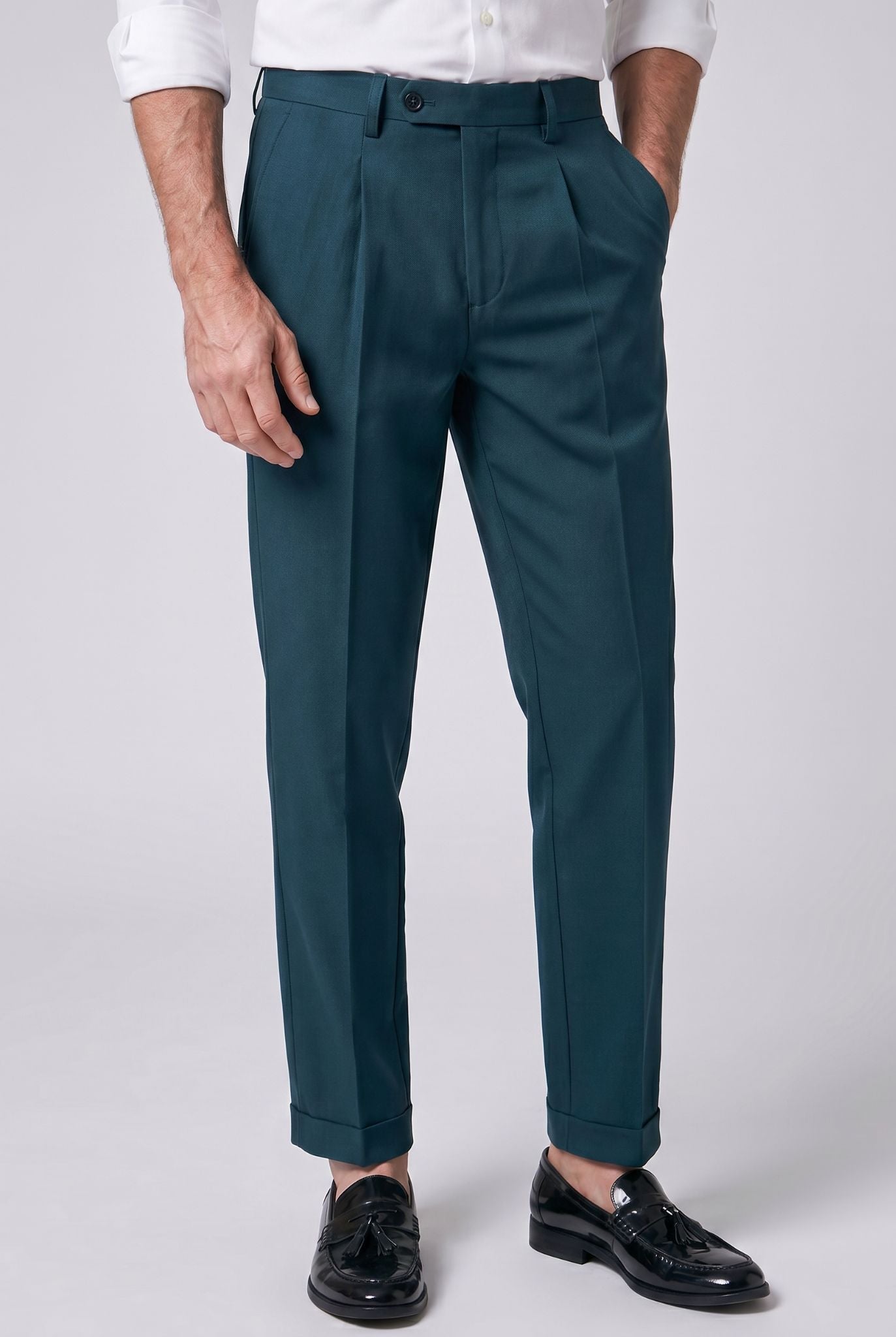 Men's Polyviscose Satin-finish Green Moss Tailored Trousers | Relvorn