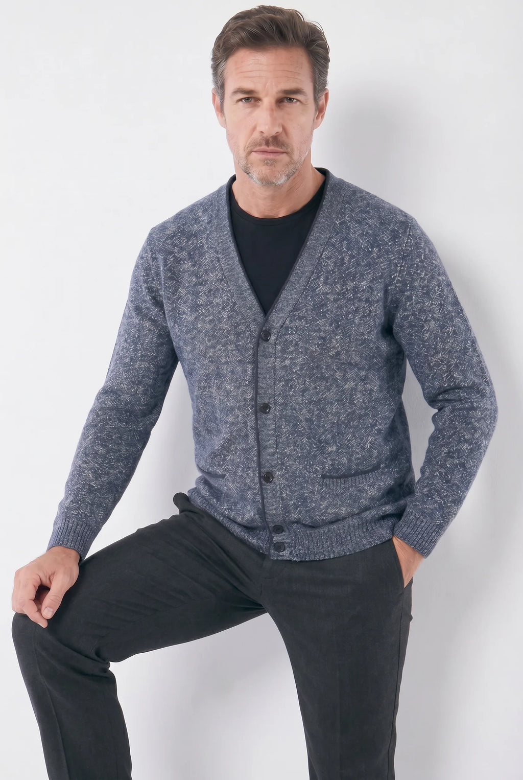 Men's Marl Wool Cardigan with Checked Lining | Relvorn