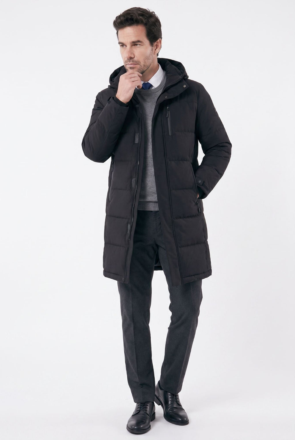 Men's Mid-length Hooded Jersey Puffer Overcoat | Relvorn