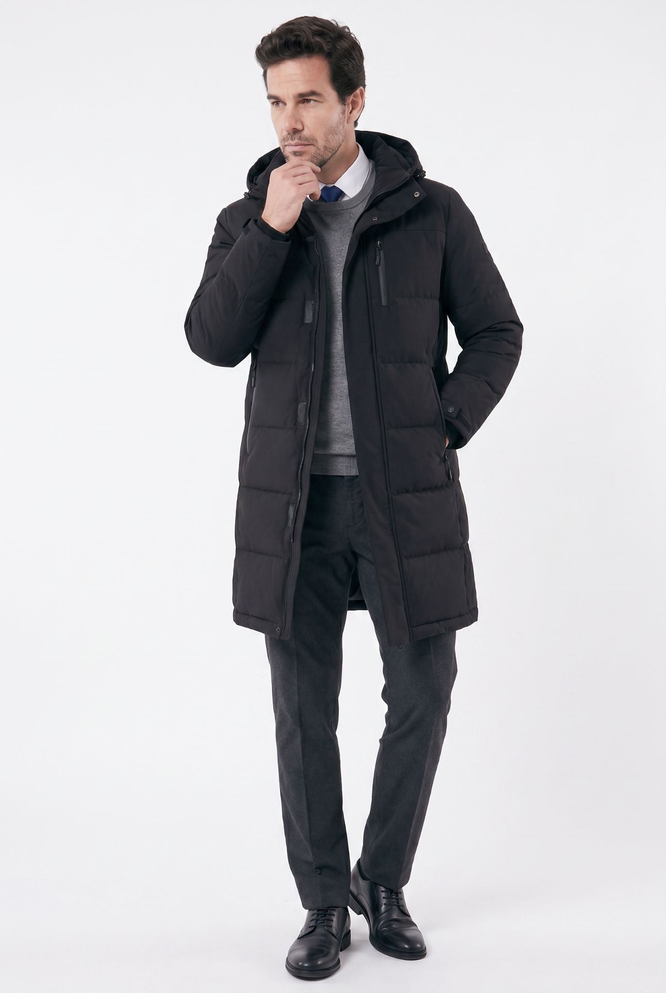 Men's Mid-length Hooded Jersey Puffer Overcoat | Relvorn