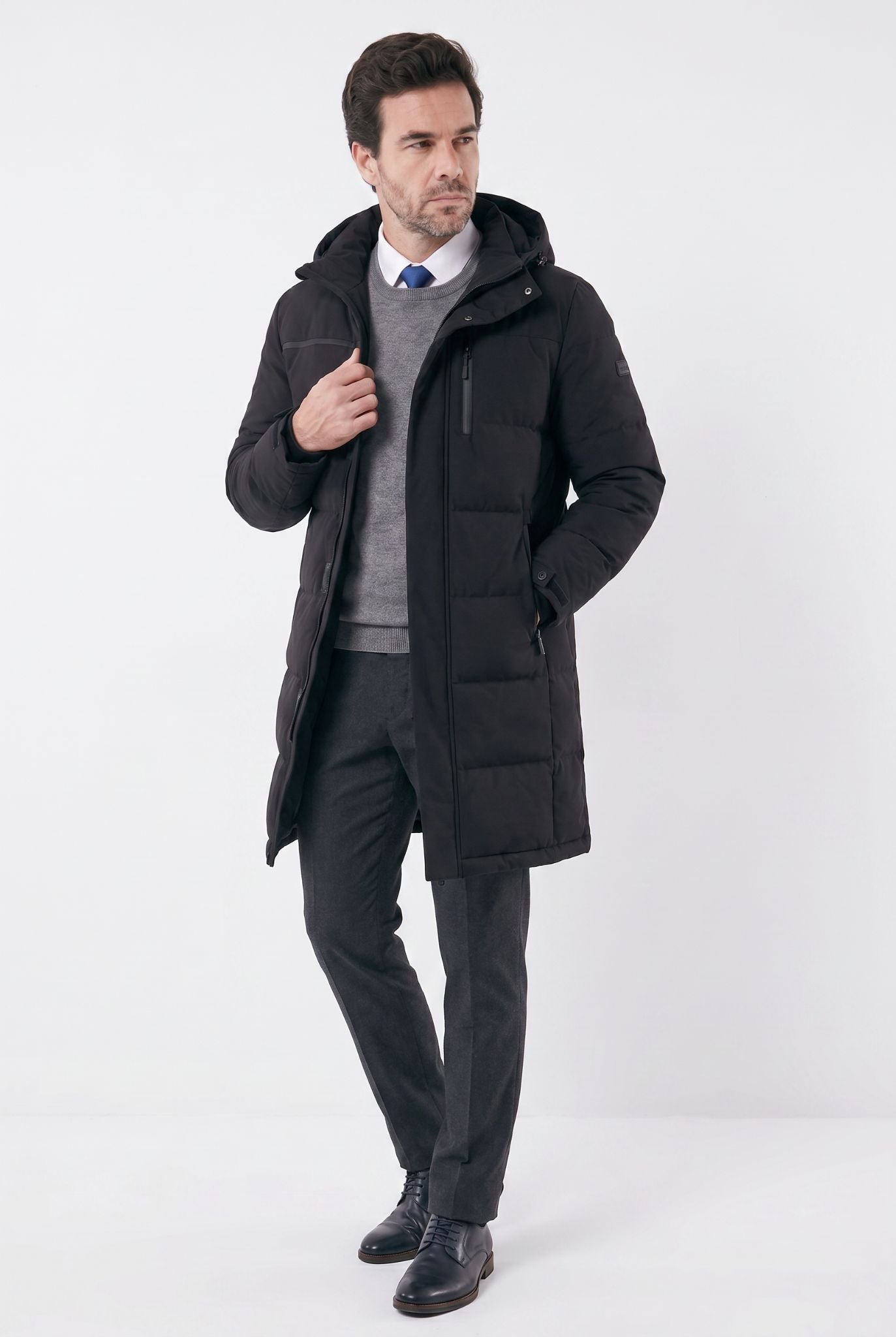 Men's Mid-length Hooded Jersey Puffer Overcoat | Relvorn