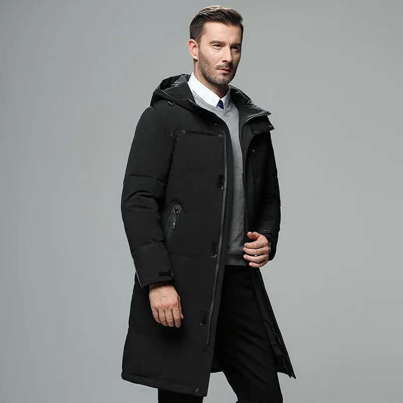 Men's Mid-length Hooded Jersey Puffer Overcoat | Relvorn